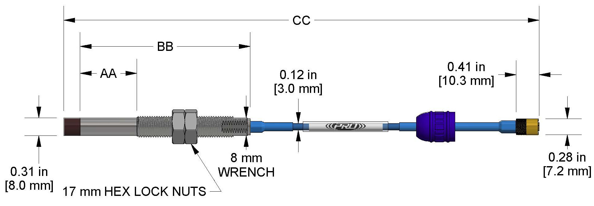 A dimension drawing of a Standard Mount CTC PRO Line Hazardous-Area Approved DP1001 proximity probe.